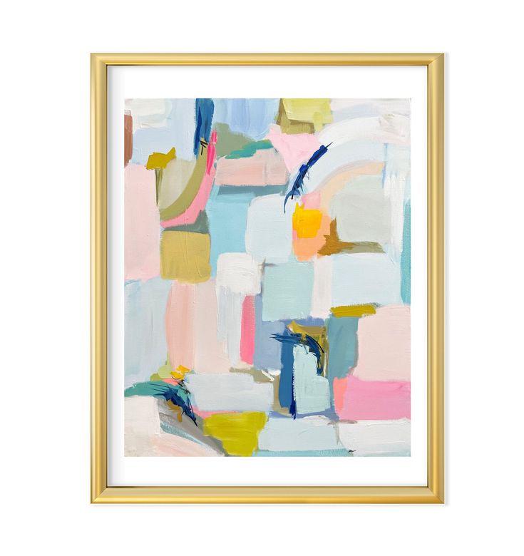 an abstract painting with blue, yellow and pink colors in a gold frame on a white wall