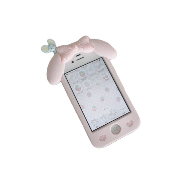 an ipod case with a pink bunny on it's back and ears sticking out