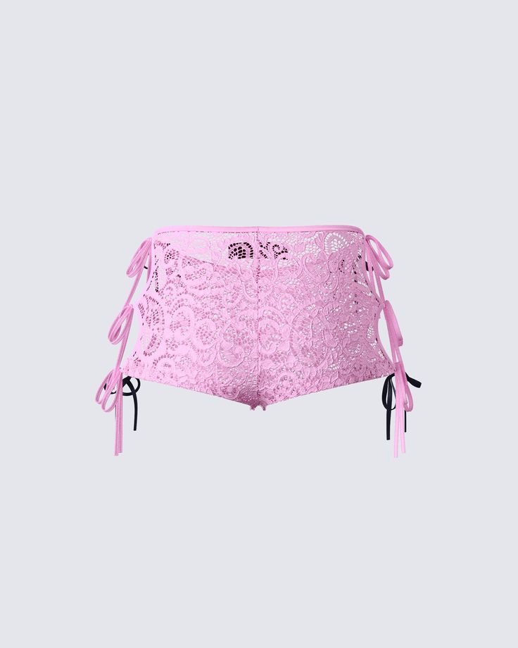 The ones with the little bows 🎀 Be the perfect blend of sweet and naughty in these pink lace side tie shorts complete with a fitted and cheeky style 😏 Lace Side, Tie Shorts, Graphic Top, White Jersey, Ruffle Shorts, Halsey, Mini Wrap Dress, Black Ruffle, Pink Lace