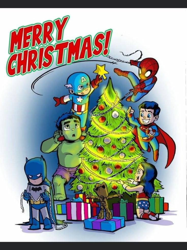 a christmas tree with superheros around it and the words merry christmas written on top