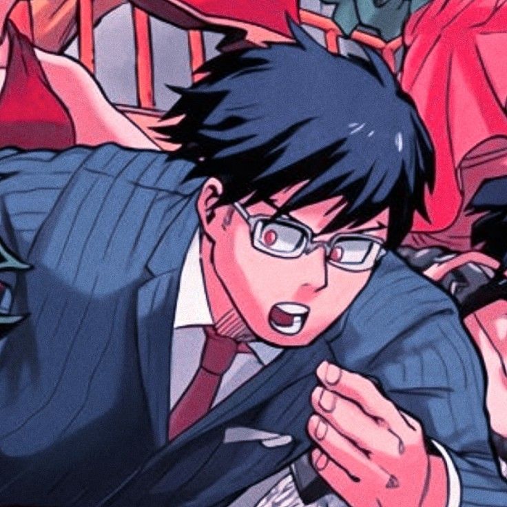 an anime character with black hair and glasses in front of other characters wearing red shirts