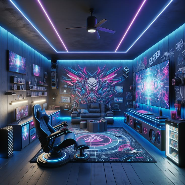 Capture an ultimate gamers paradise. Slate-gray walls set off by neon LEDs, cutting-edge tech, a luxury recliner, and a game-filled display shelf. Enjoy the edgy artwork, equipped mini fridge and a gaming rug. #GamersParadise #ManCave #GamingTech #LEDLighting #GamingDecor #VideoGameCollection Mini Gaming Setup, Led Lights Bedroom Gaming, Futuristic Gaming Bedroom, Gamer Room Led Lights, Desk Gaming Setup, Gaming Room Setup Cyberpunk, Biggest Bedroom, Edgy Artwork, Gaming Rug