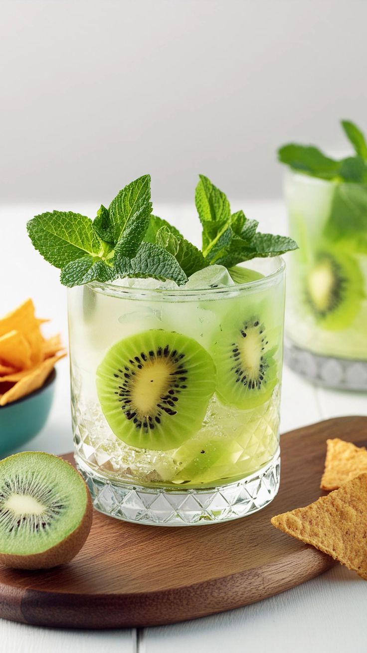 a kiwi drink with mint, lime and chips on a wooden tray next to it