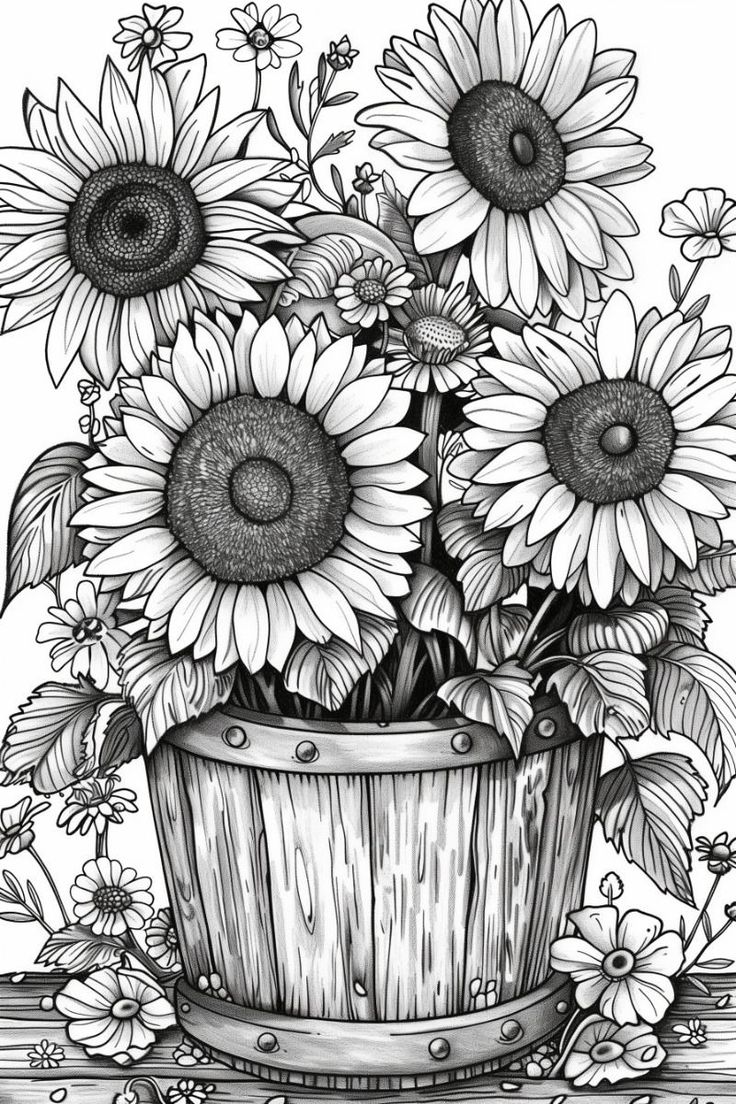 a drawing of sunflowers in a bucket