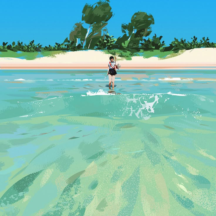 a person is wading in the water near an island with trees and sand on it