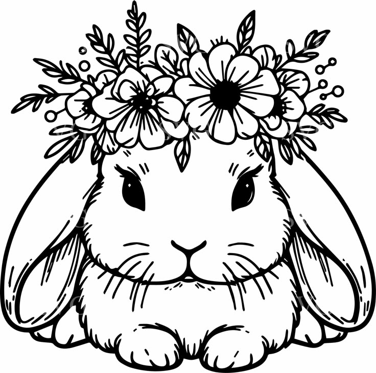 a rabbit with flowers on its head is sitting in front of a white background and black outline