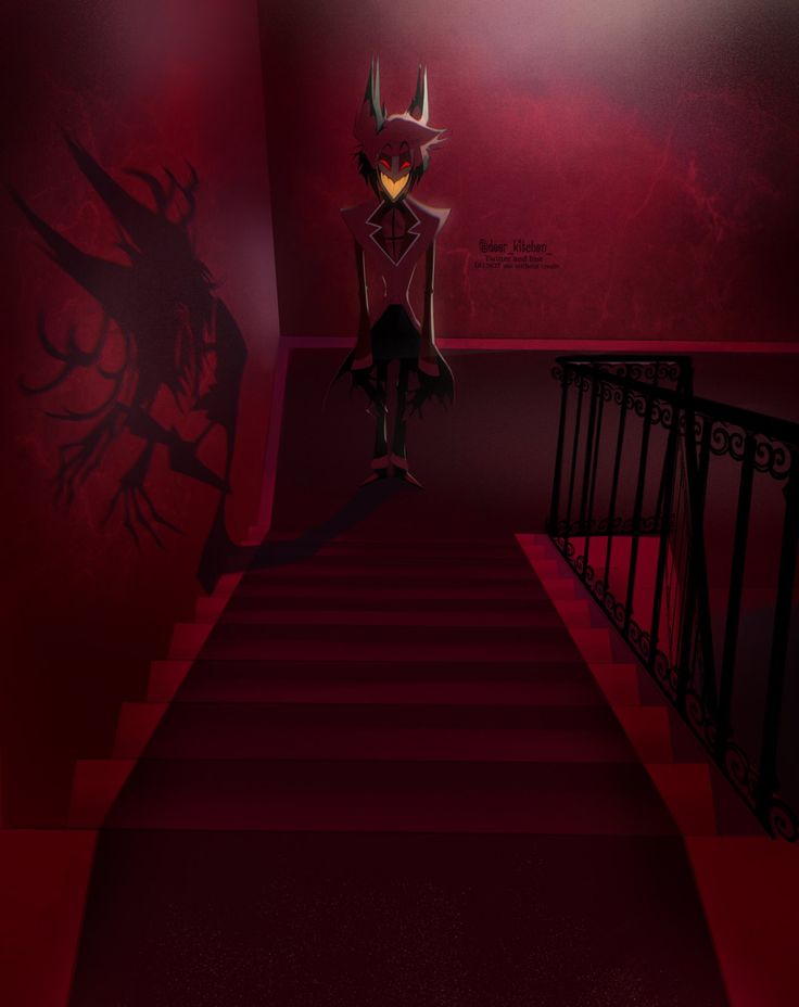 an animated image of a demonic demon standing on the top of stairs in a dark room