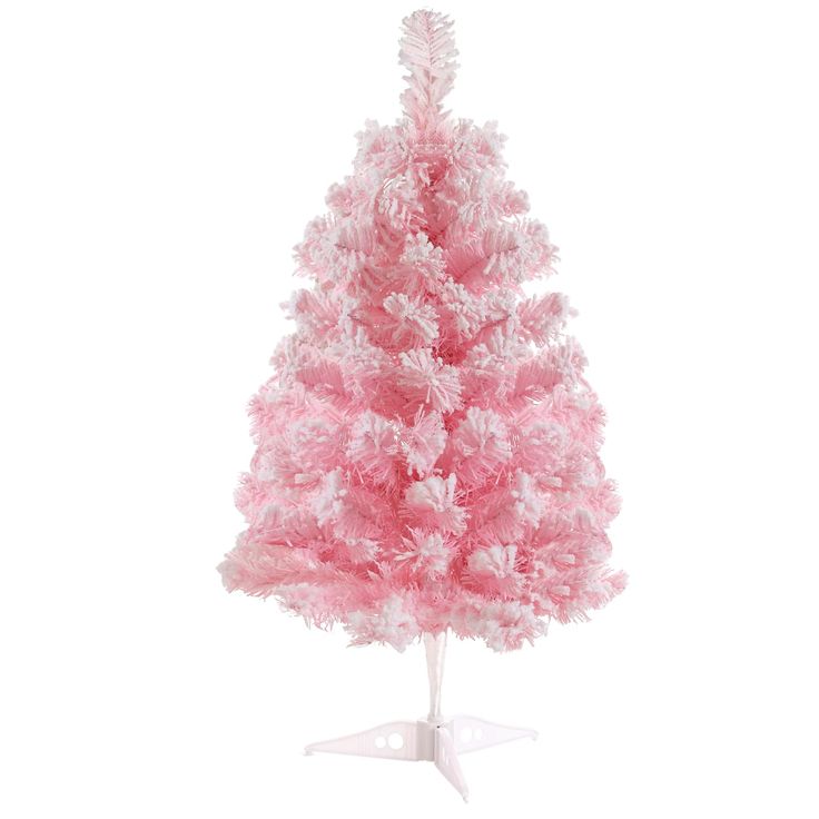 a pink and white christmas tree on a stand