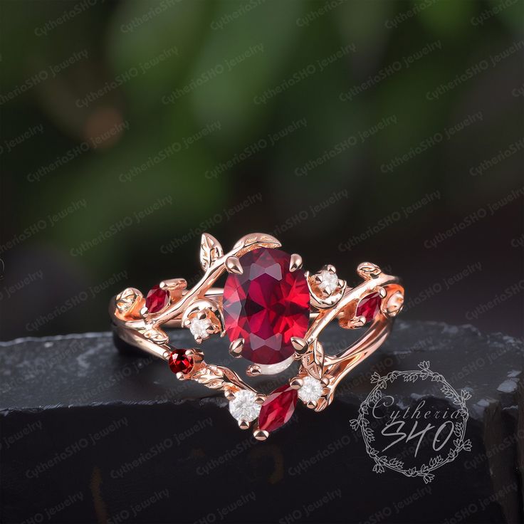 Vintage oval cut ruby engagement ring set Soild 14K Rose gold leaf promise ring Nature inspire red gemstone bridal set Handmade jewelry gift Engagement ring Center Stone: Lab ruby Cut: Oval cut Size:6*8mm Side stone: Lab ruby + Moissanite Weight: 0.12ctw Width: 1.5mm Thickness: 1.2mm Wedding band Stone: Lab ruby + Moissanite Weight: 0.11ctw Width:1.3mm Thickness: 1.2mm Ring Metal: 925 sterling silver or 10K/14K/18K Yellow/ White/Rose Gold or platinum  Processing time Dute to all our jewelry are Luxury Rose Gold Ruby Promise Ring, Ruby Engagement Ring Set, Rose Gold Promise Ring, Gold Promise Ring, Gold Promise Rings, Gold Color Ring, Ruby Engagement Ring, Red Gemstones, Handmade Jewelry Gift