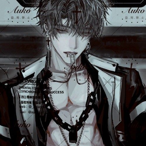 an anime character with black hair and piercings on his chest, holding a chain around his neck