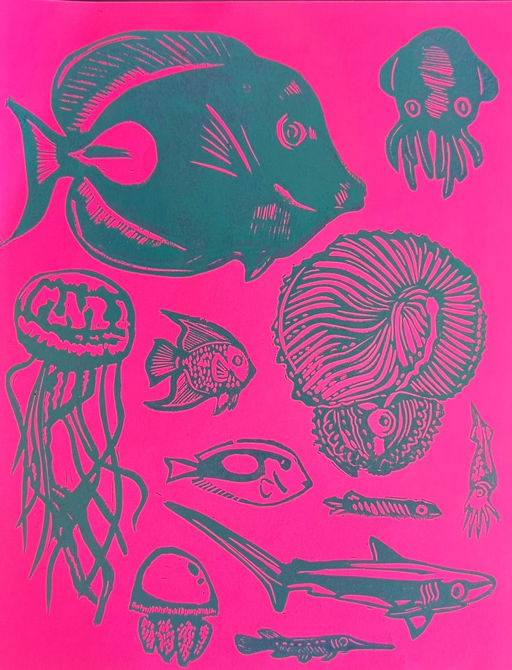 an image of various sea animals on a pink background with blue ink and black pen