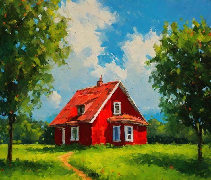 a painting of a red house in the middle of a field with trees and grass