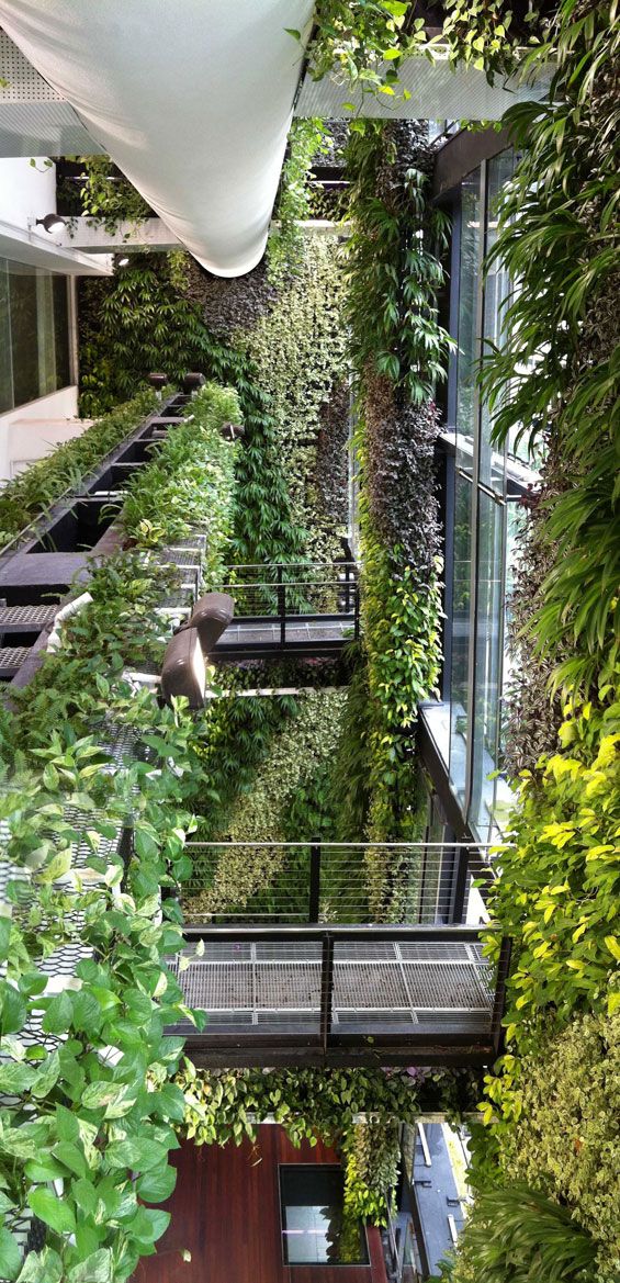 an outdoor living area with plants growing on the walls and balcony railings that are connected to each other