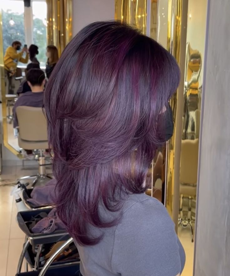 Magenta Brunette Hair, Global Grape Hair, Overtone Purple On Brown Hair, Purple On Brown Hair No Bleach, Grape Color Hair, Purple On Light Brown Hair, Pelo Morado Aesthetic, Purple Tint Hair, Grape Violet Hair Color