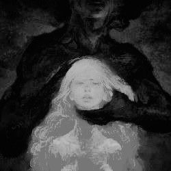 a black and white photo of a woman holding a child in her arms with an evil looking man behind her