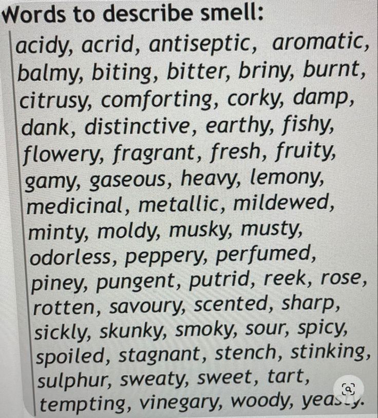 the words are written in black and white on a piece of paper that says, words to describe smell