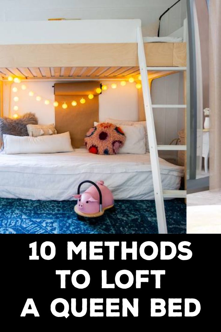 How to Loft a Queen Bed Adult Loft Bed Queen Size, Diy Loft Bed Queen, Loft Bed Ideas For Adults Queen Size, Diy Queen Loft Bed How To Build, Diy Queen Loft Bed Plans, Loft Bed Over Queen Bed, Queen Sized Loft Bed, Loft Over Queen Bed, Queen Loft Bed Diy