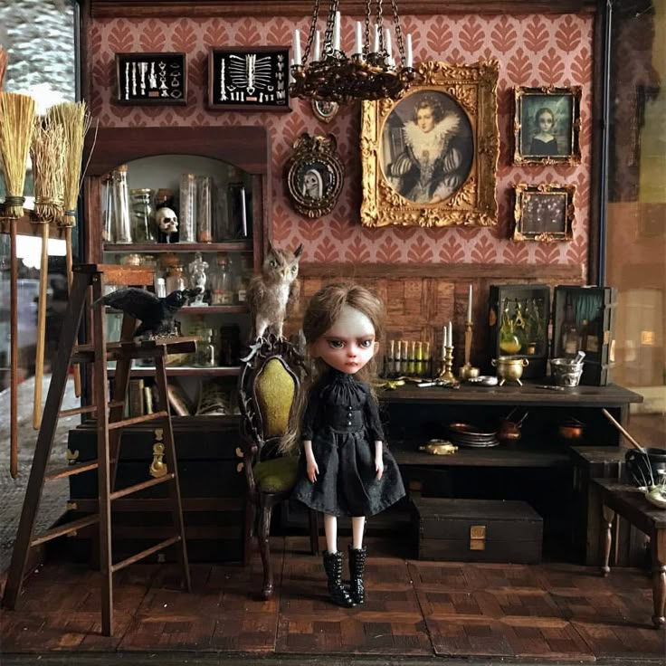 a doll is standing in the middle of a room filled with furniture and pictures on the wall