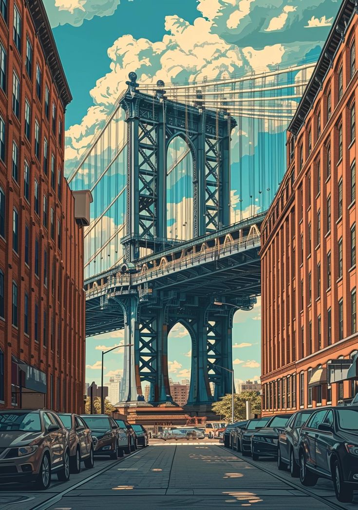 a painting of the manhattan bridge in new york city, with cars parked on the street