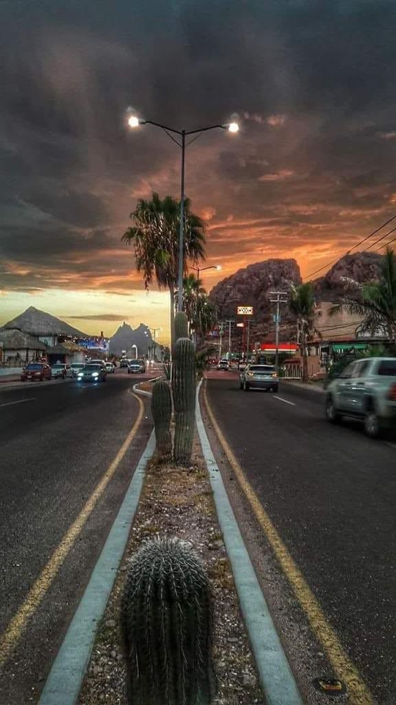 a street with cars driving down it at sunset or dawn in the background is palm trees and mountains