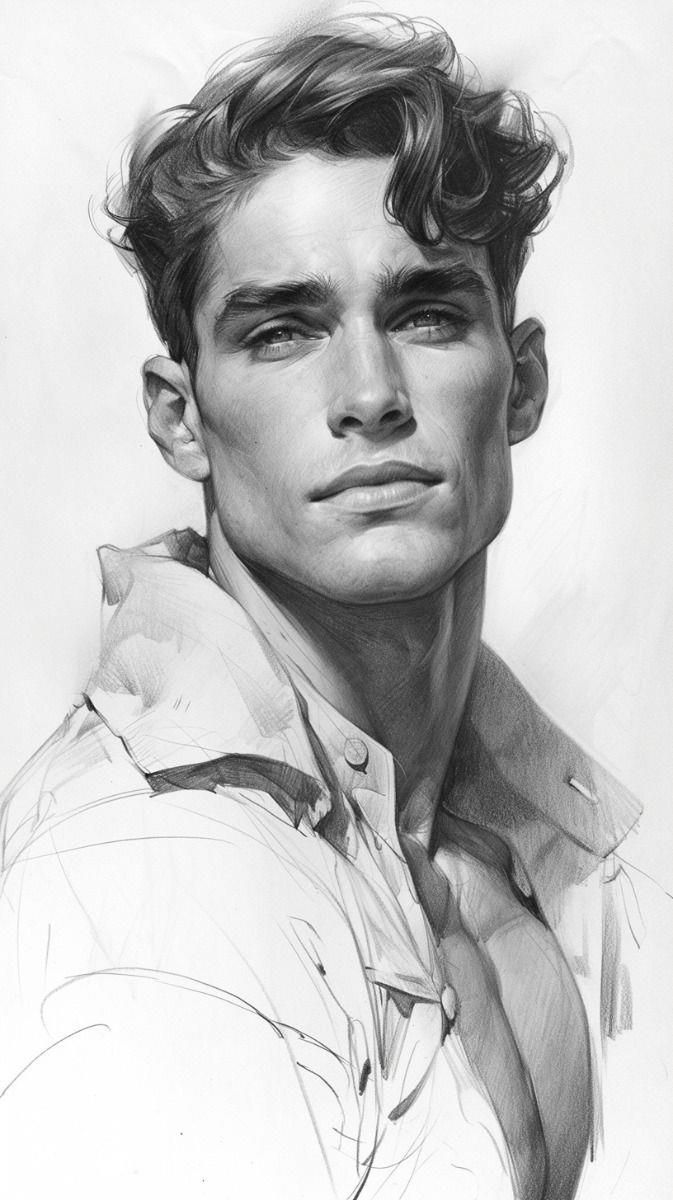 a black and white drawing of a young man