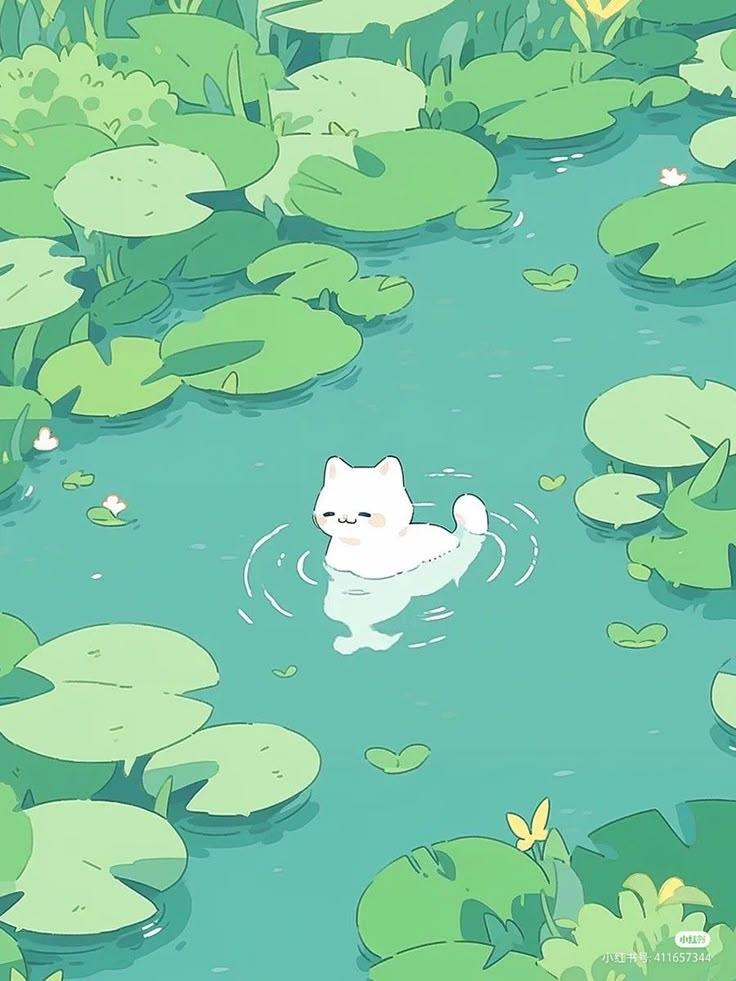 a cat swimming in the water surrounded by lily pads