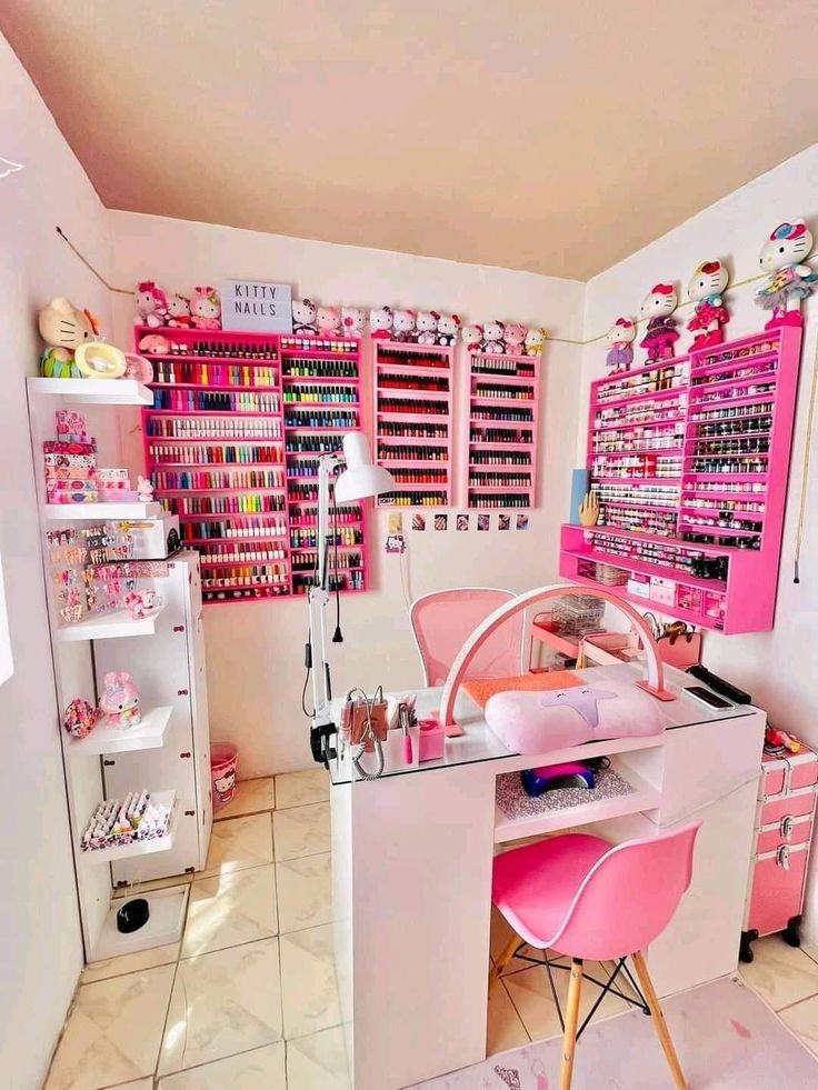 a room filled with lots of pink and white items on shelves next to a desk