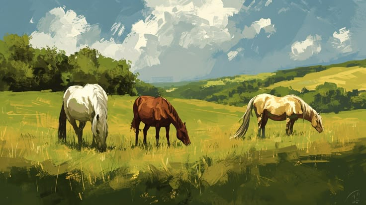 three horses are grazing in the grass on a sunny day with blue sky and clouds