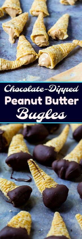 chocolate dipped peanut butter bugles on a baking sheet with the title in the middle