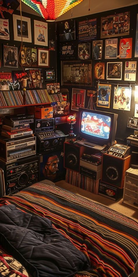 a room filled with lots of different types of musical equipment and pictures on the wall