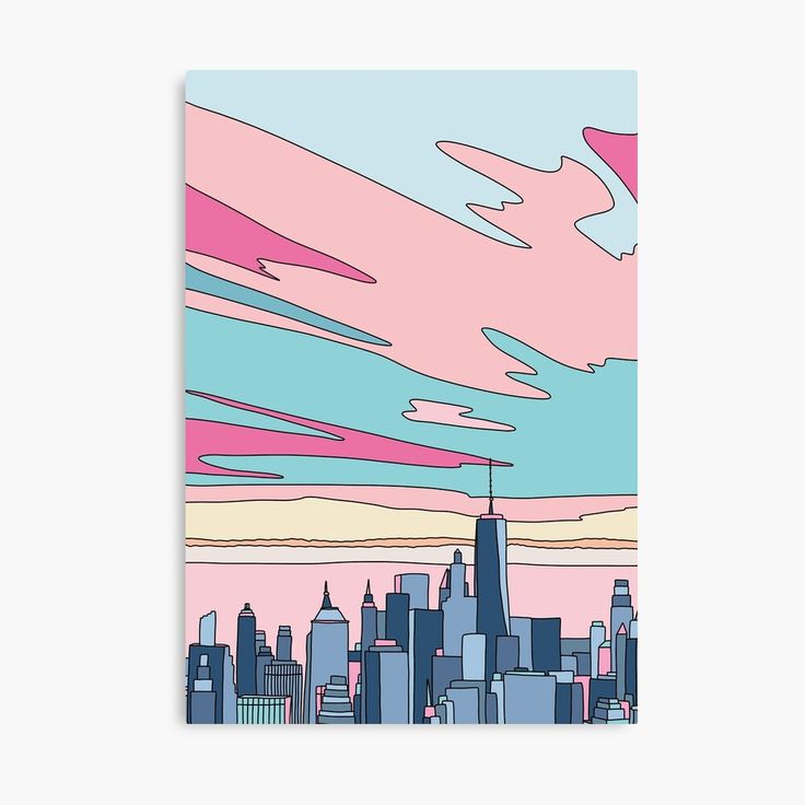 a cityscape with pink, blue and yellow clouds in the sky above it