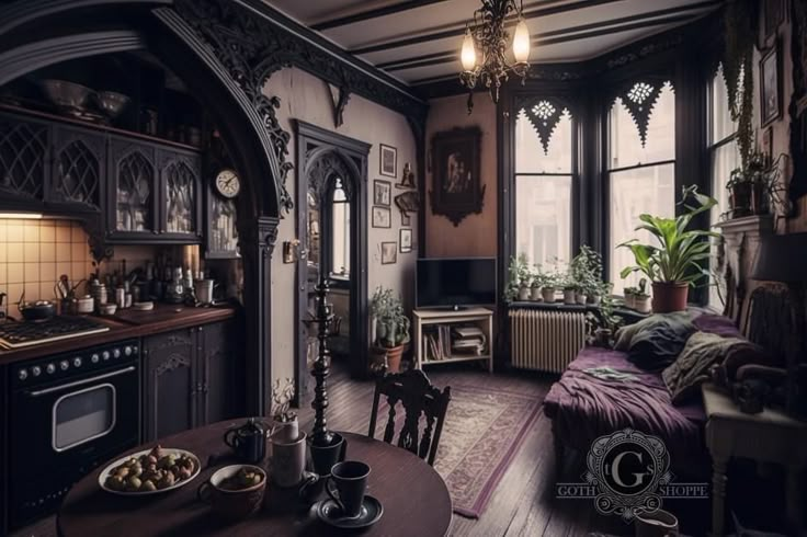 an old fashioned kitchen and dining room with wood floors