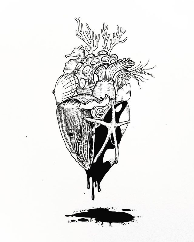 an ink drawing of a heart with seaweed and corals on it's side