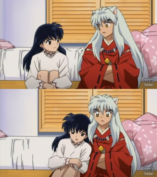 two anime characters sitting on a bed with their arms around each other's shoulders