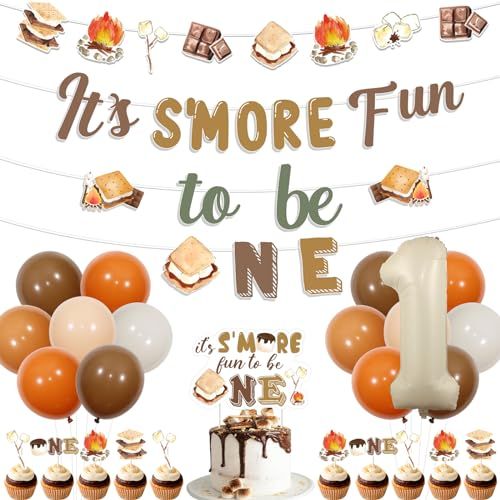 it's smore fun to be one 1st birthday party banner with balloons and cupcakes