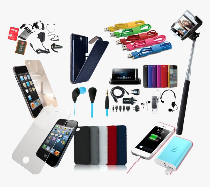 an assortment of cell phones and accessories are shown