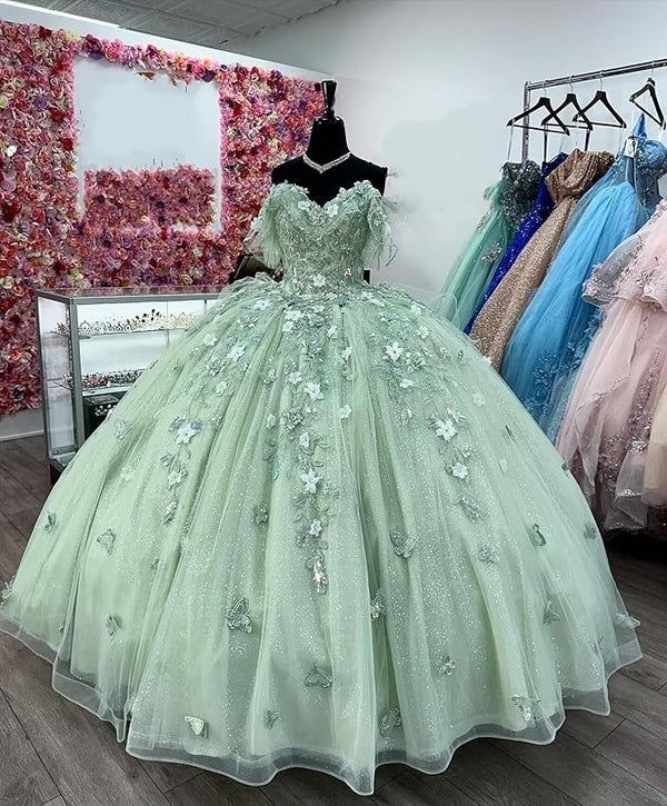 Letitia | Ball Gown Lace Off the Shoulder Sage Green Quinceanera Dress | KissProm Green Sage Quince Dress, Quincera Dress Sage Green, Green Floral Quinceanera Dresses, Quinceanera Dresses Princess And The Frog, Qencenera Dresses Sage Green, Lime Green Quince Dress, Nature Quinceanera Dresses, Mis Quince Boutique, Sea Green Quinceanera Dress