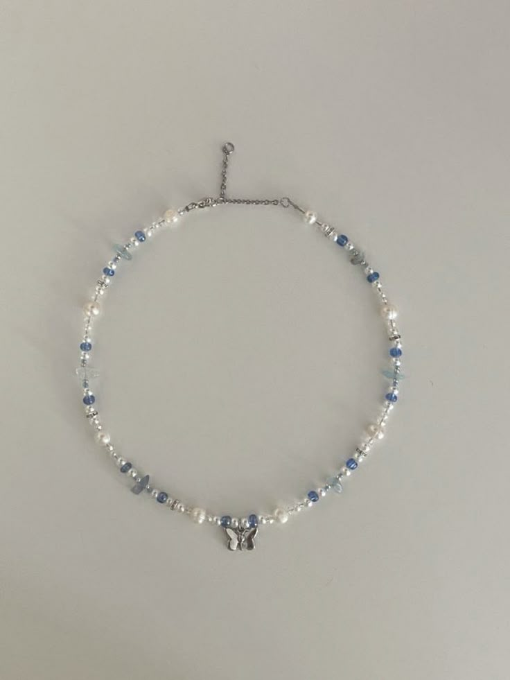 Jewelry Blue Aesthetic, Trending Minimalist Jewelry, Blue Inspo Aesthetic, Trending Silver Jewelry, Silver Butterfly Necklace Aesthetic, Light Blue Necklace Aesthetic, Aesthetic Necklaces Beads, Cute Blue Jewelry, Light Blue Beaded Necklace