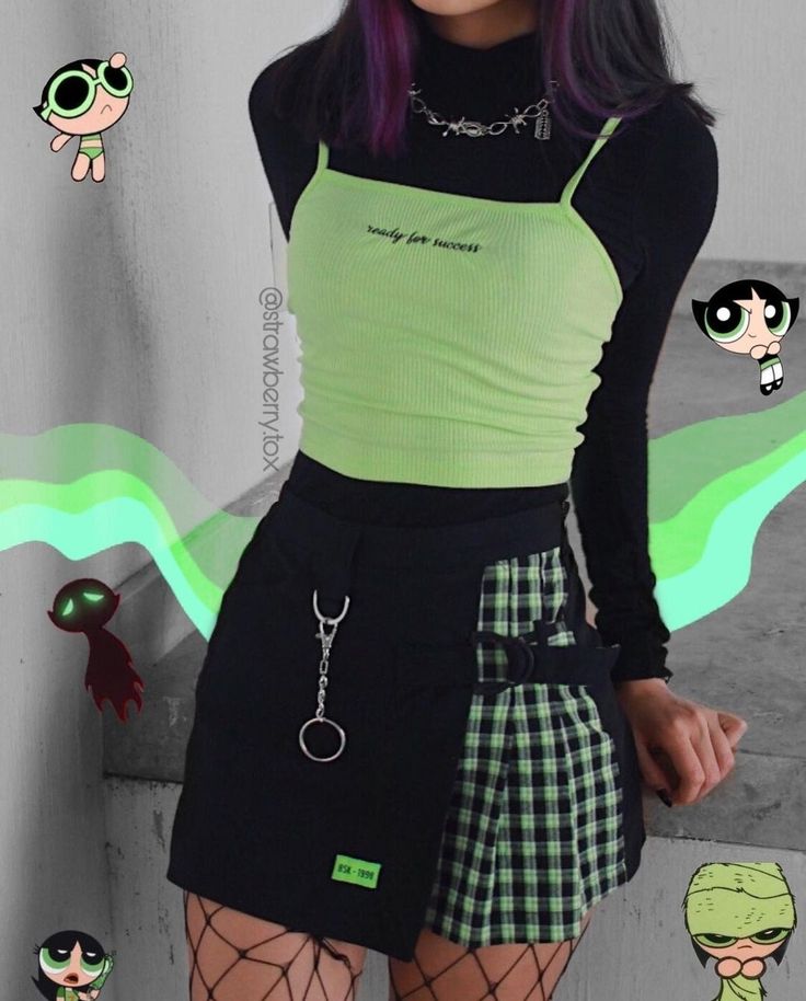 Green Egirl Outfits, Green Gothic Aesthetic Outfit, Black And Green Concert Outfit, Green Edgy Outfits, Neon Alt Outfits, Neon Green Aesthetic Clothes, Shego Aesthetic Outfit, Black And Green Aesthetic Outfit, Neon Grunge Outfits