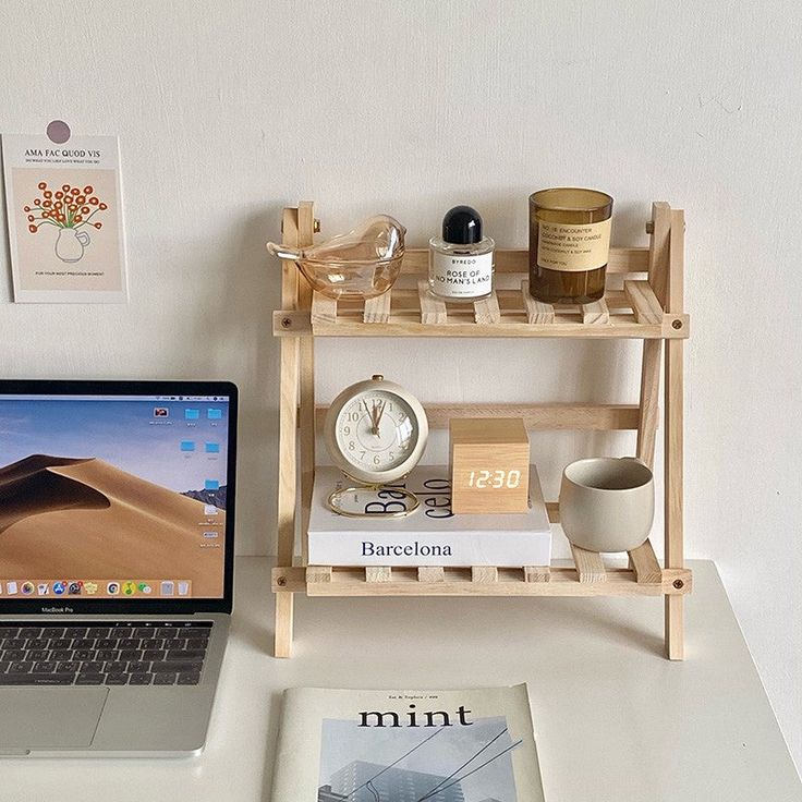 Two Level Desk Shelf | Desk Shelf Wooden Stationery, Desk Organizer Shelf, Pot Rack Kitchen, Desk Display, Desktop Shelf, Stationery Organizer, Wooden Desk Organizer, Dorm Inspo, Spice Storage