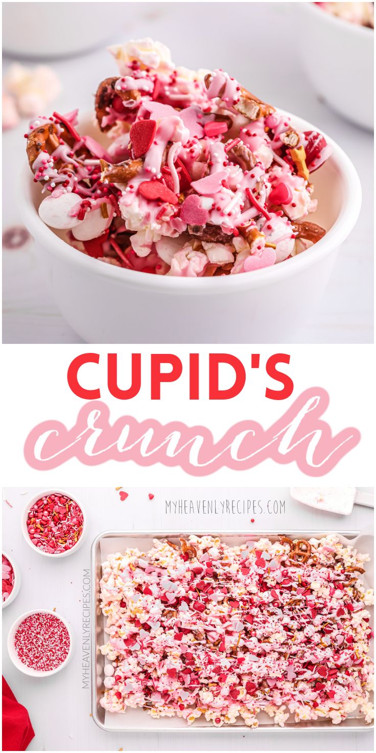 two pictures with the words cupid's desserts in red, white and pink