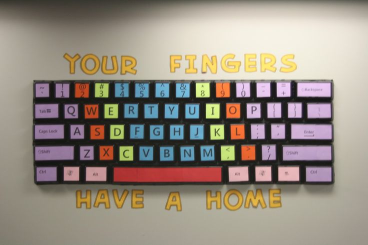 a computer keyboard mounted to the side of a wall with words on it that say your fingers have a home