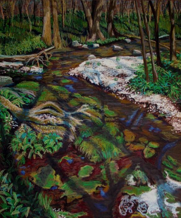 a painting of a stream in the woods