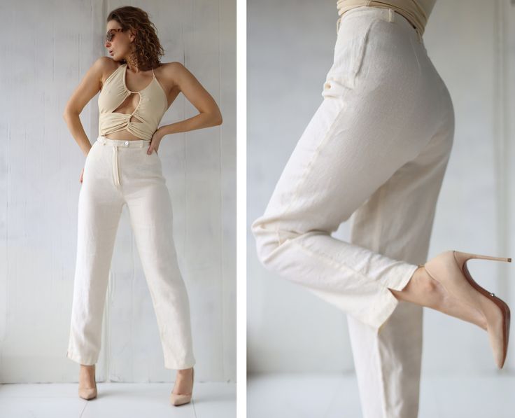 French Vintage cream white linen tapered leg pants. Front zip and button closure, two tiny pockets, no lining. Material is pure linen. Tag: HILARY Size 38 Made in France. Fits like size XS (for reference I'm 169 cm / 5' 6½" tall). Measured laying flat, double for circumference: 40'' / 102 cm long 13'' / 33 cm waist 19" / 48 cm hips 12.5" / 32 cm front rise 30.5" / 77 cm inseam There is a small spot on waist inside, not visible from the outside. Otherwise great vintage condition. France Fits, Womens Trousers, Pure Linen, White Linen, Cream White, Tapered Legs, French Vintage, Trousers Women, Leg Pants