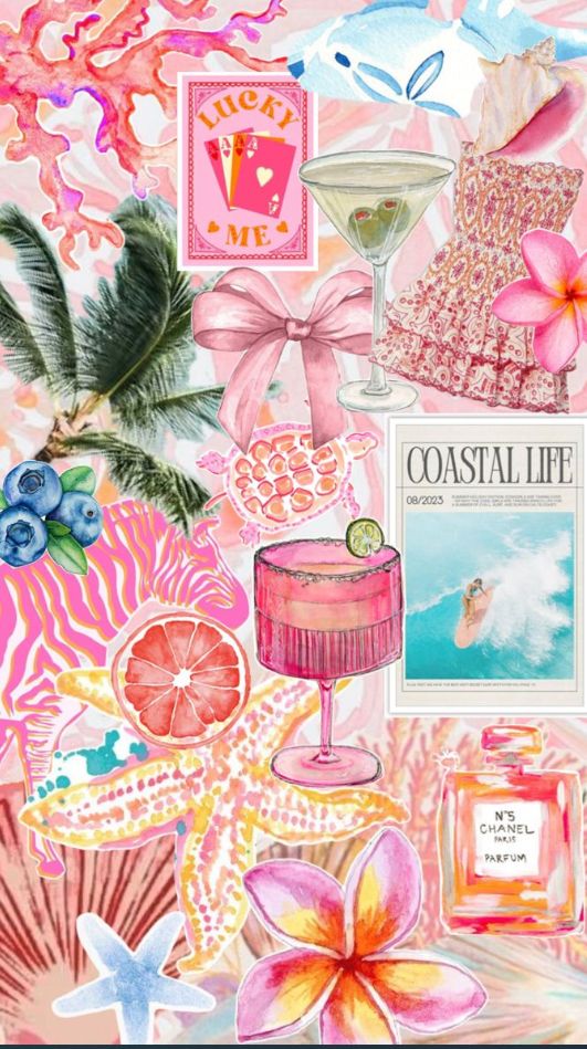 a collage of pink and blue items with palm trees, flowers, and other things