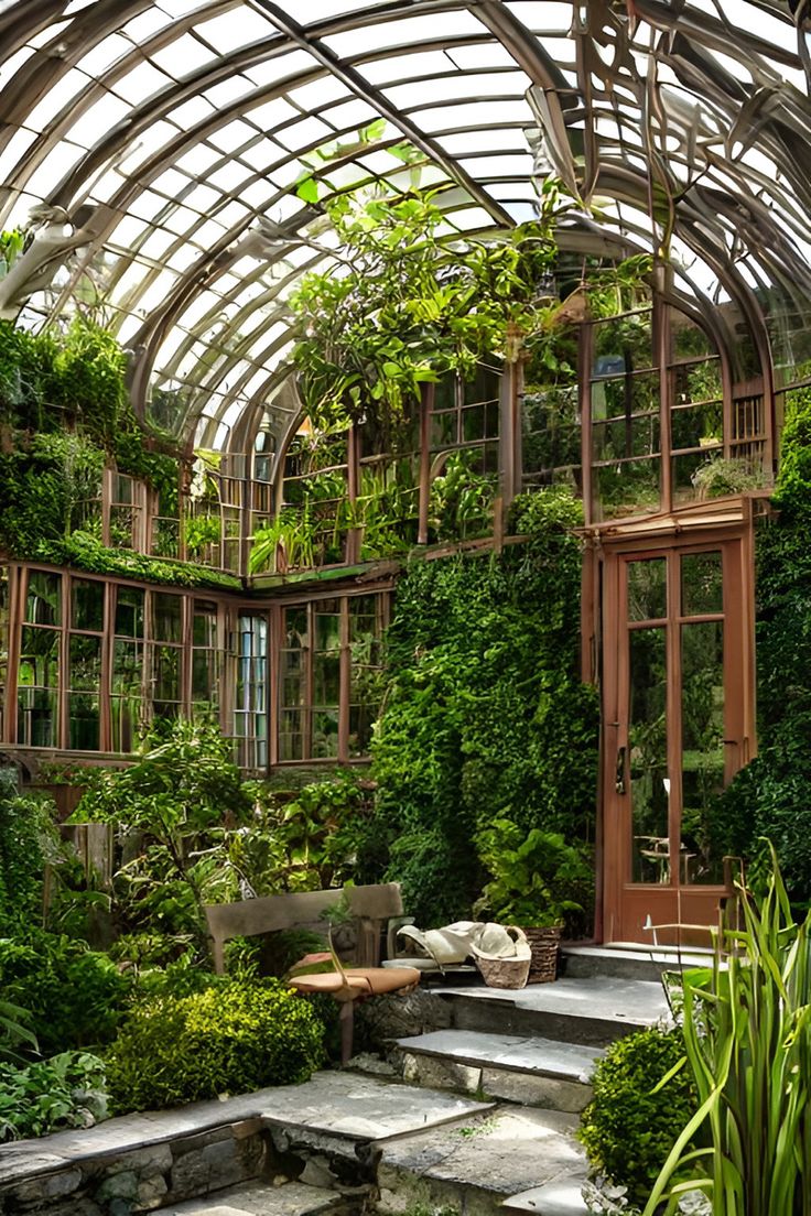 an indoor garden with lots of greenery and stone steps leading up to the door