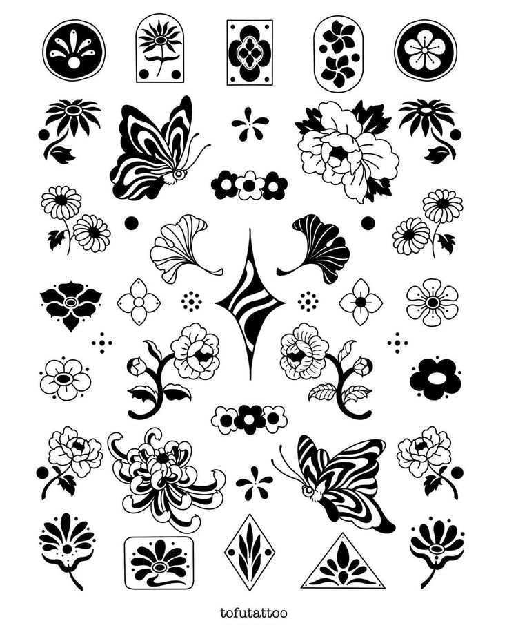 an assortment of black and white flower designs