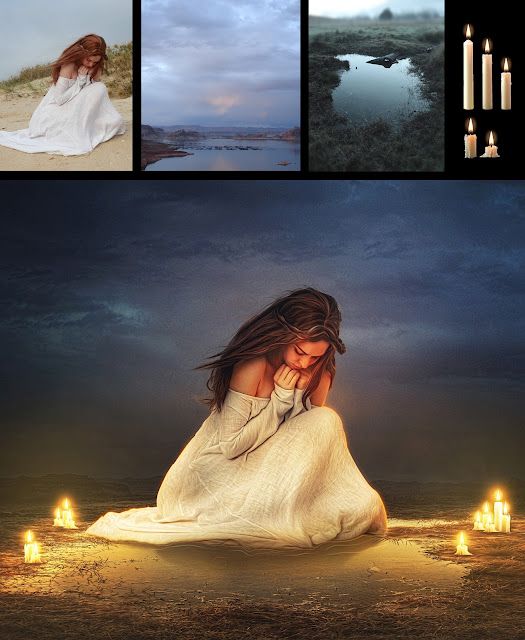 a woman sitting on top of a sandy beach next to candles and an image of the ocean