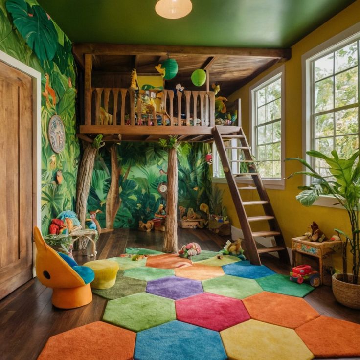 a child's bedroom with a jungle theme and colorful rugs on the floor