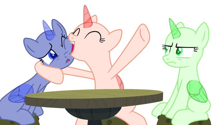 three little ponys sitting at a table with their faces touching each other's noses